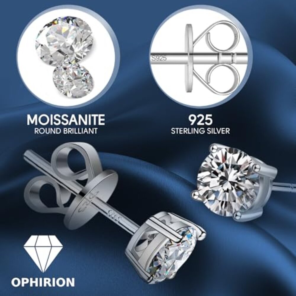 Moissanite Stud Earrings Sterling Silver White Gold Plated Hypoallergenic - Picture 5 of 8